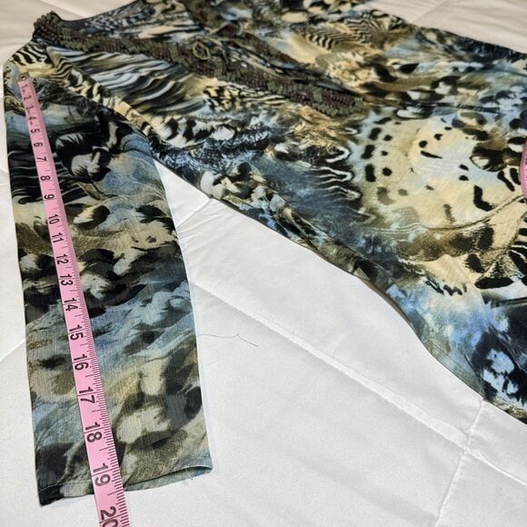 ALBERTO MAKALI Blue Green Floral Print Beaded Lace Up V-Neck Size L Sheer Sleeve - Picture 10 of 11